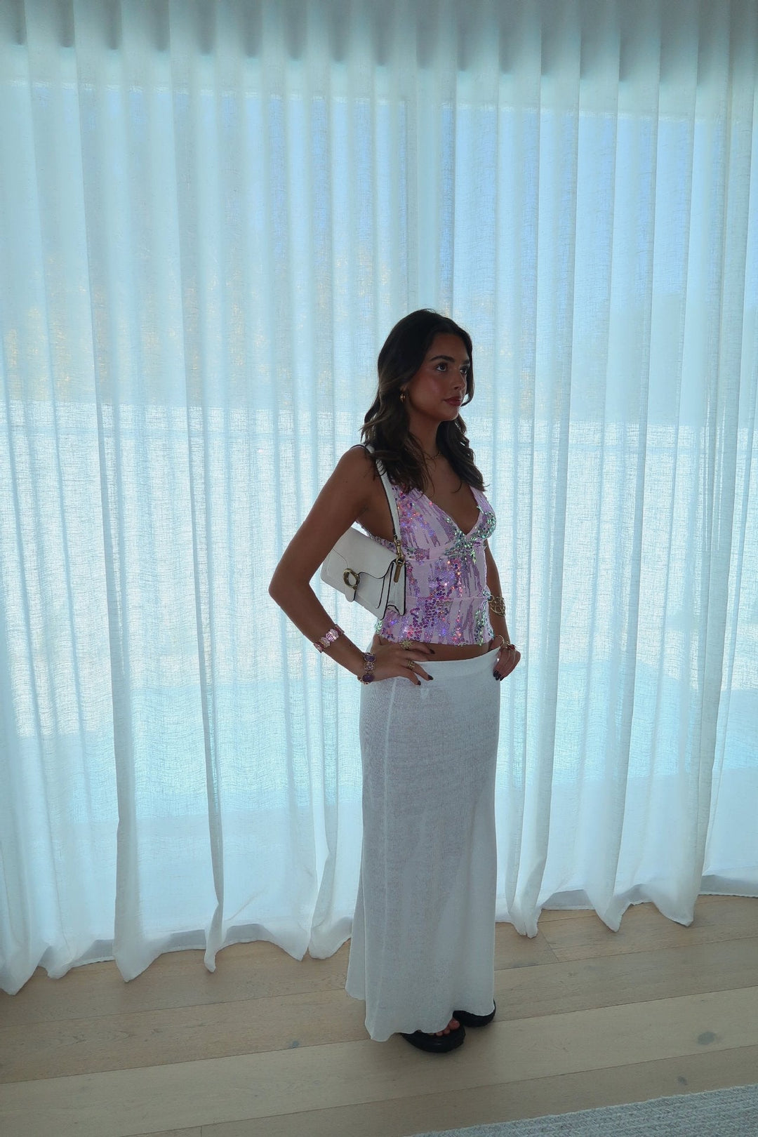 Serayne – Pailletten haltertop met colourblock design