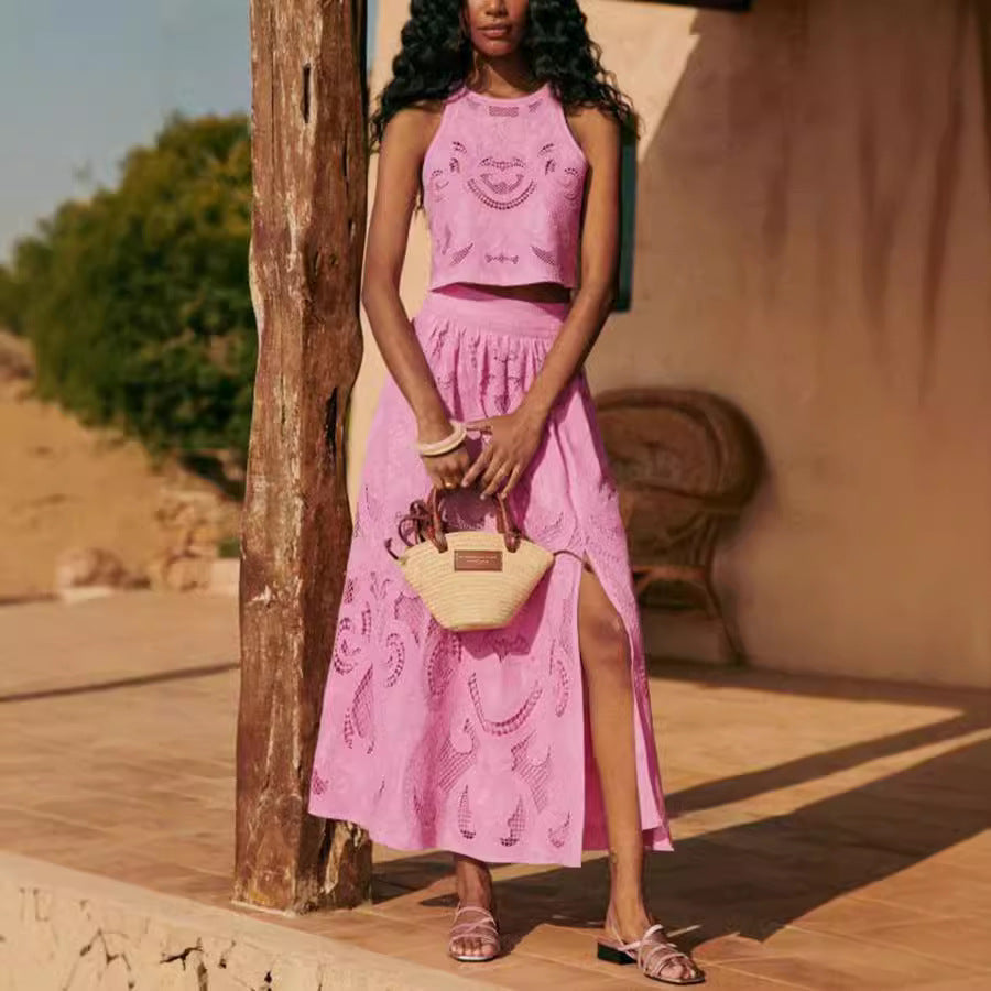 Anne – Roze gehaakte set met speelse split