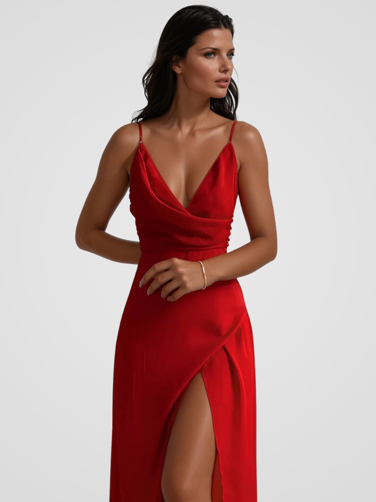 Alenya – Satijnen jurk met watervalhals en hoge split