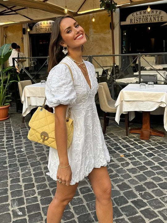 Tessa – Romantische midi-jurk met pofmouwen